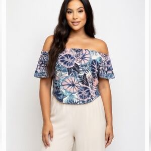 Charlotte Russe Teal Pink Ivory Tropical Floral Print Off the Shoulder Crop Top